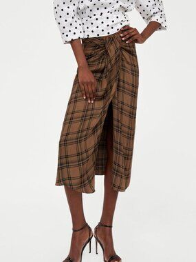 Zara Woman Brown Plaid Gathered Front Midi Skirt Size M